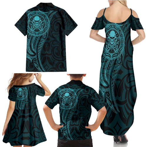 New Zealand Skull Darts Family Matching Summer Maxi Dress and Hawaiian Shirt Aotearoa Maori Chest Tattoo Stylized Teal - Aussie Hoodie