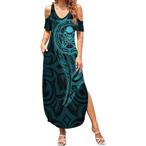 New Zealand Skull Darts Family Matching Summer Maxi Dress and Hawaiian Shirt Aotearoa Maori Chest Tattoo Stylized Teal - Aussie Hoodie