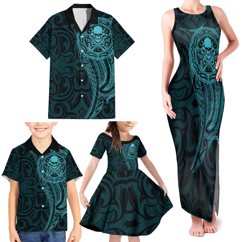 New Zealand Skull Darts Family Matching Tank Maxi Dress and Hawaiian Shirt Aotearoa Maori Chest Tattoo Stylized Teal - Aussie Hoodie