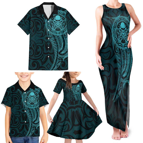 New Zealand Skull Darts Family Matching Tank Maxi Dress and Hawaiian Shirt Aotearoa Maori Chest Tattoo Stylized Teal - Aussie Hoodie