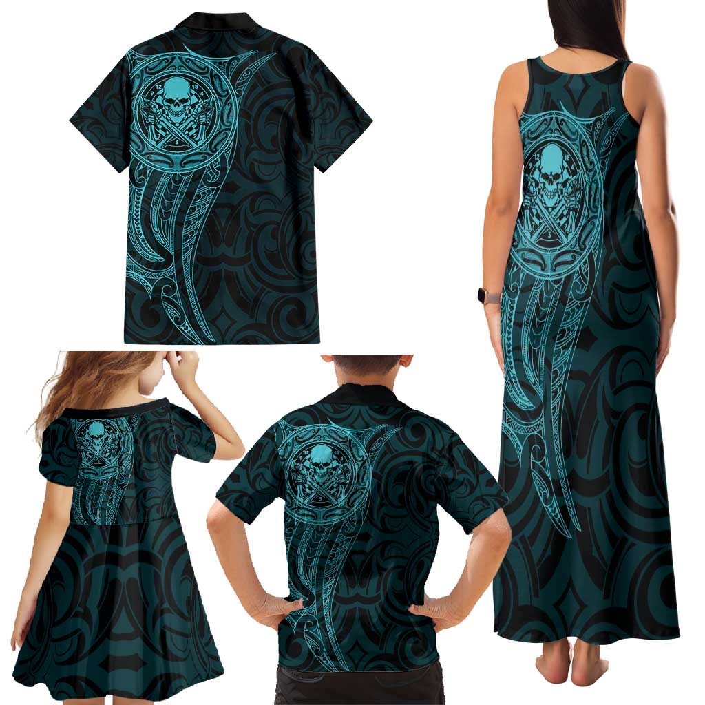 New Zealand Skull Darts Family Matching Tank Maxi Dress and Hawaiian Shirt Aotearoa Maori Chest Tattoo Stylized Teal - Aussie Hoodie