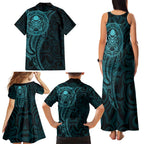 New Zealand Skull Darts Family Matching Tank Maxi Dress and Hawaiian Shirt Aotearoa Maori Chest Tattoo Stylized Teal - Aussie Hoodie