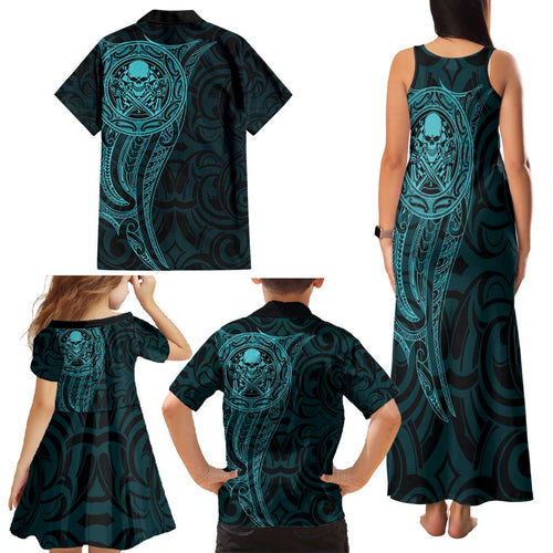 New Zealand Skull Darts Family Matching Tank Maxi Dress and Hawaiian Shirt Aotearoa Maori Chest Tattoo Stylized Teal - Aussie Hoodie