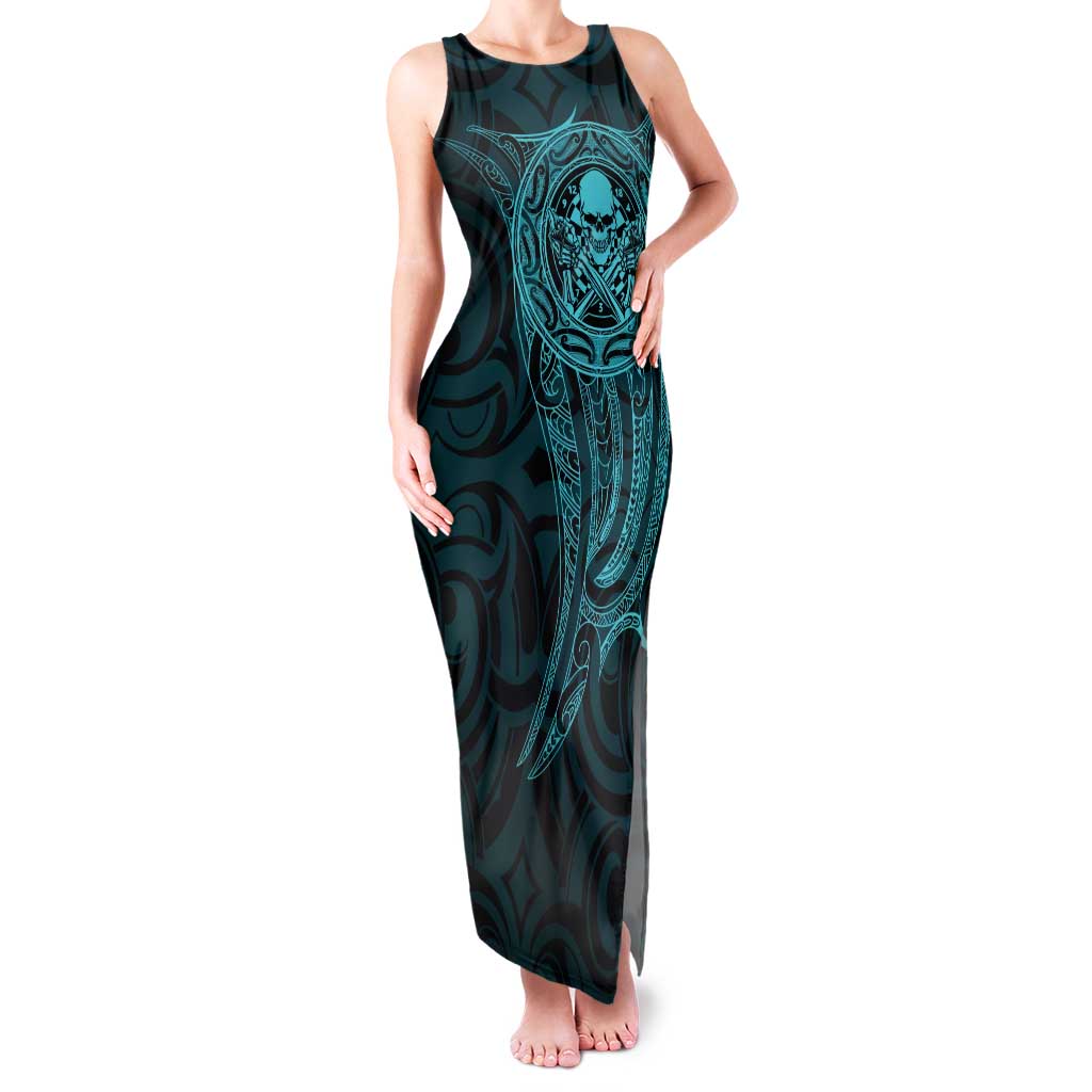 New Zealand Skull Darts Family Matching Tank Maxi Dress and Hawaiian Shirt Aotearoa Maori Chest Tattoo Stylized Teal - Aussie Hoodie