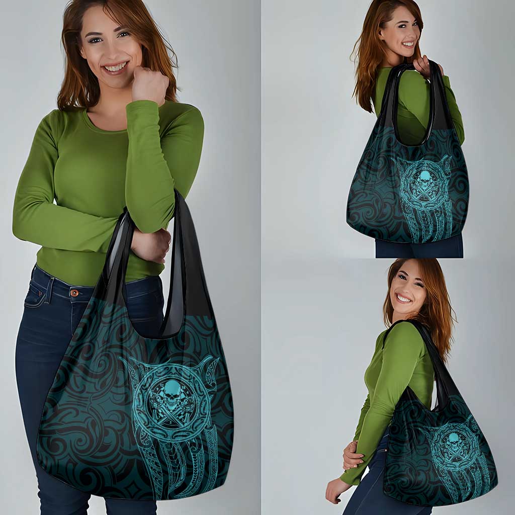New Zealand Skull Darts Grocery Bag Aotearoa Maori Chest Tattoo Stylized Teal - Aussie Hoodie