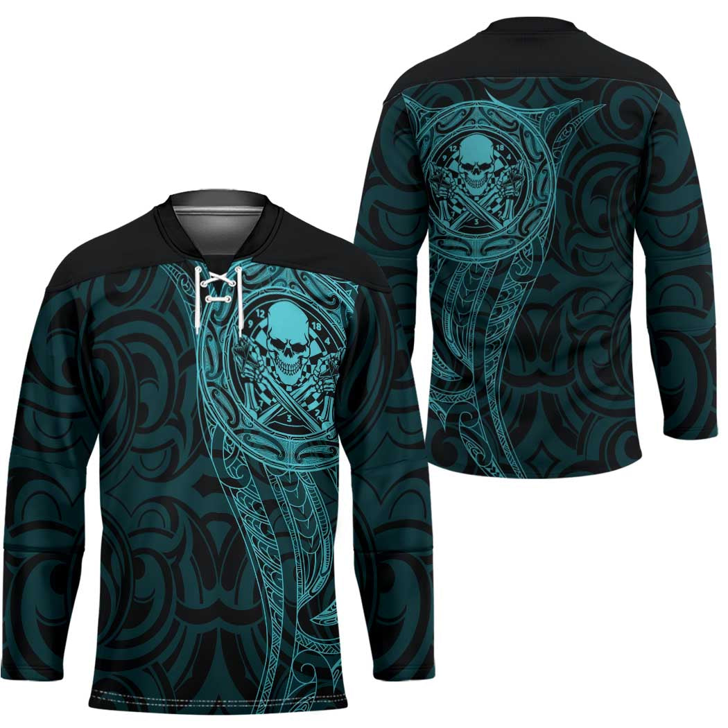 New Zealand Skull Darts Hockey Jersey Aotearoa Maori Chest Tattoo Stylized Teal - Aussie Hoodie