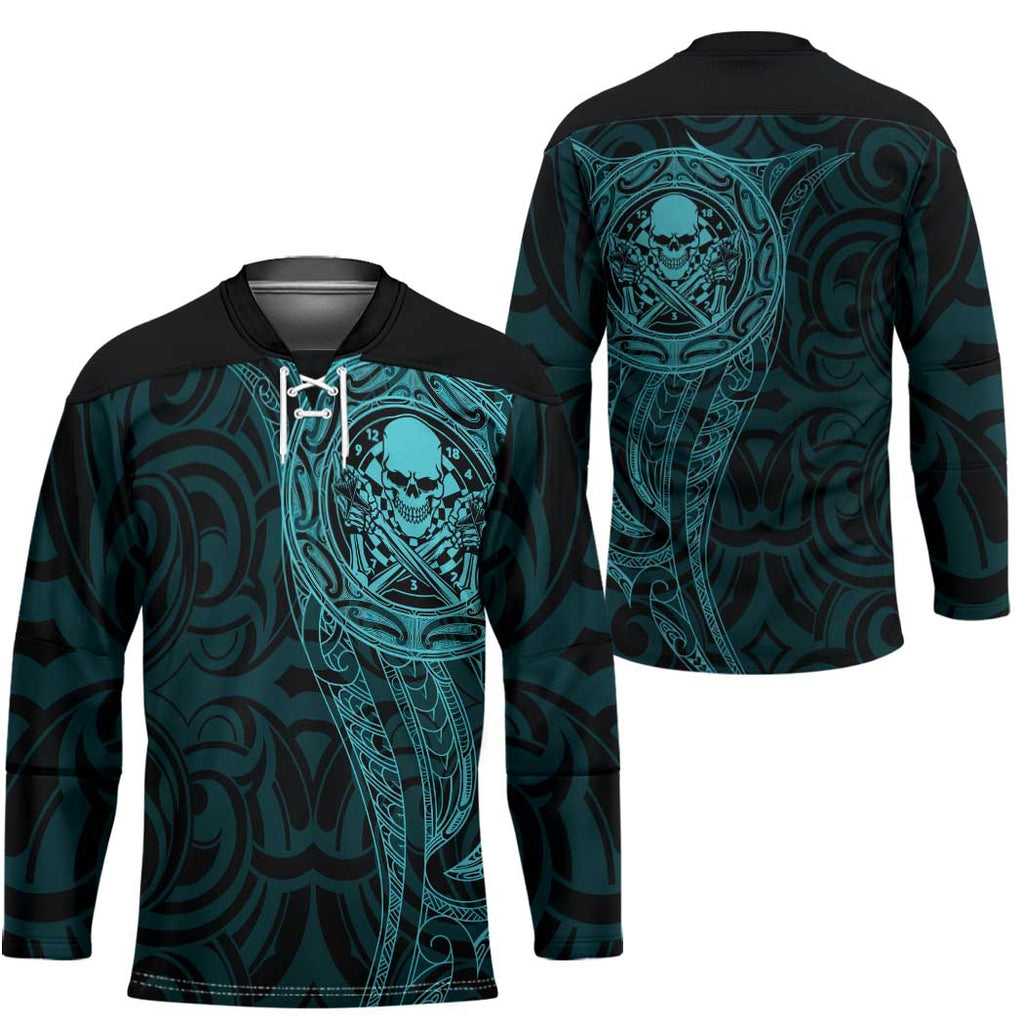 New Zealand Skull Darts Hockey Jersey Aotearoa Maori Chest Tattoo Stylized Teal - Aussie Hoodie
