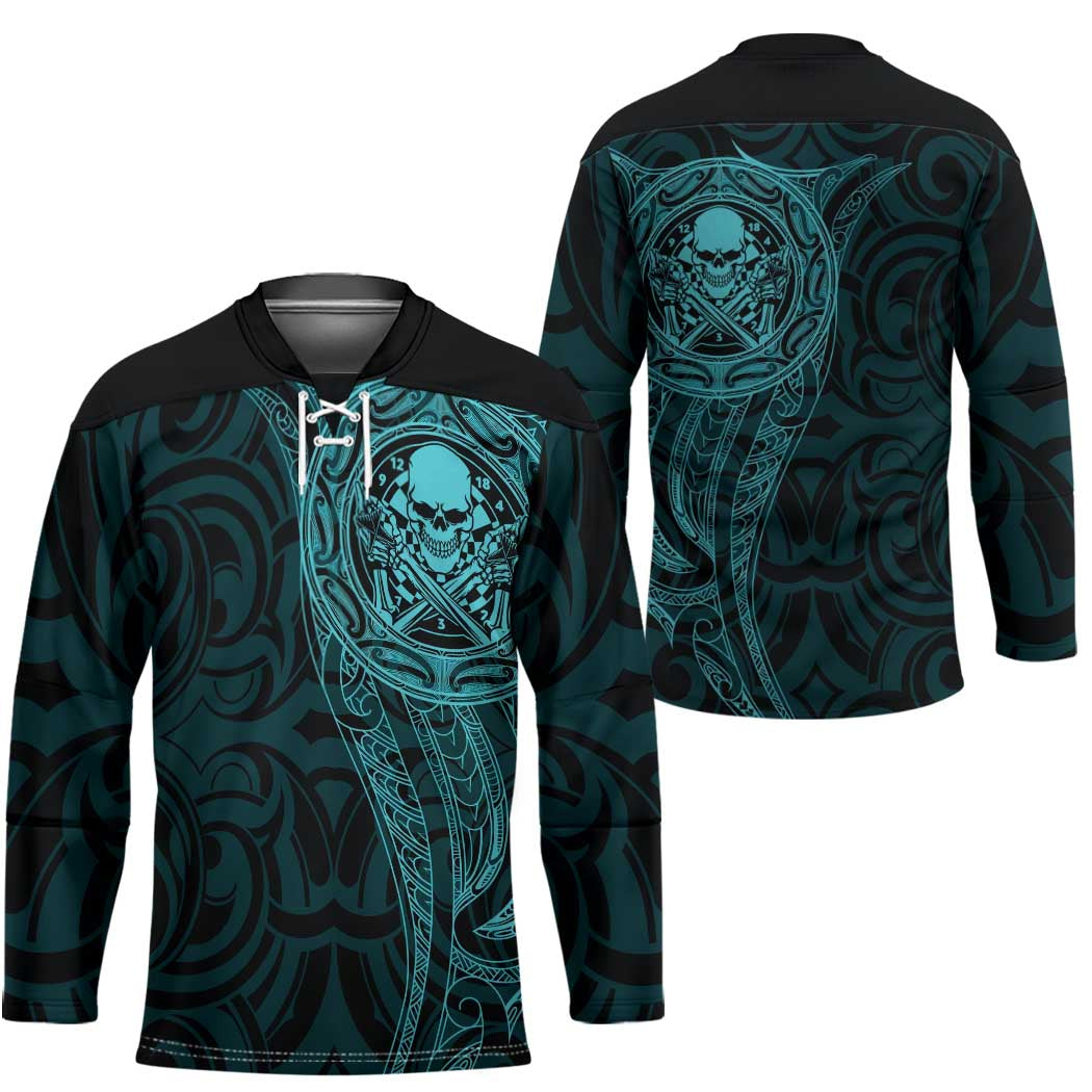 New Zealand Skull Darts Hockey Jersey Aotearoa Maori Chest Tattoo Stylized Teal - Aussie Hoodie