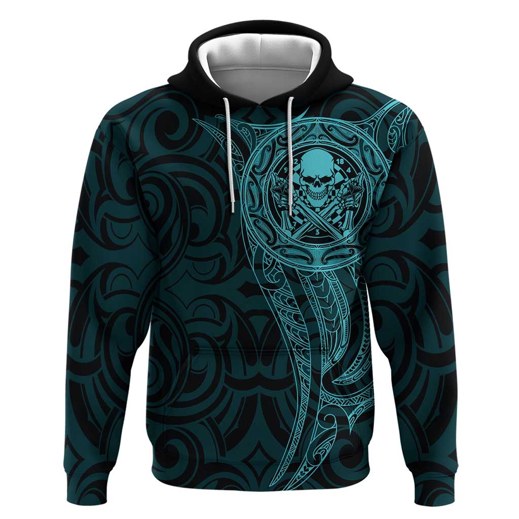 New Zealand Skull Darts Hoodie Aotearoa Maori Chest Tattoo Stylized Teal - Aussie Hoodie