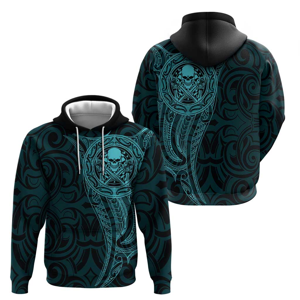 New Zealand Skull Darts Hoodie Aotearoa Maori Chest Tattoo Stylized Teal - Aussie Hoodie