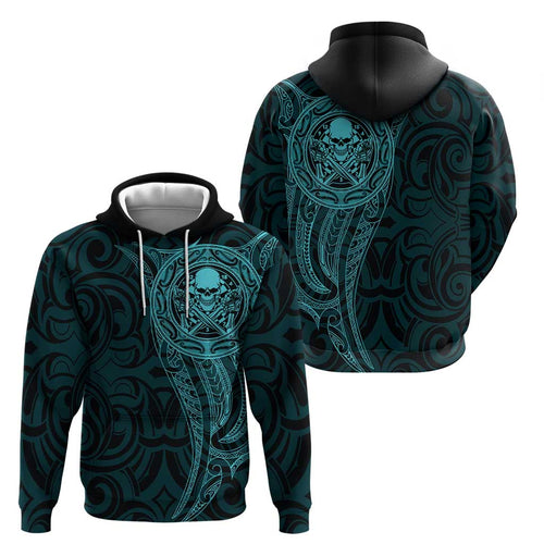 New Zealand Skull Darts Hoodie Aotearoa Maori Chest Tattoo Stylized Teal - Aussie Hoodie
