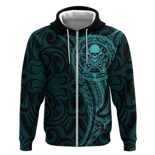 New Zealand Skull Darts Hoodie Aotearoa Maori Chest Tattoo Stylized Teal - Aussie Hoodie