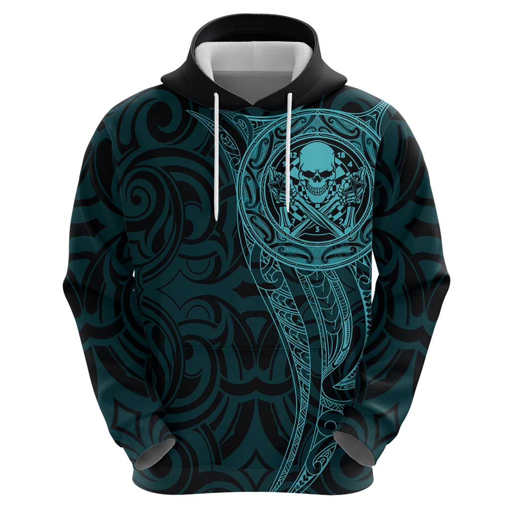 New Zealand Skull Darts Hoodie Aotearoa Maori Chest Tattoo Stylized Teal - Aussie Hoodie