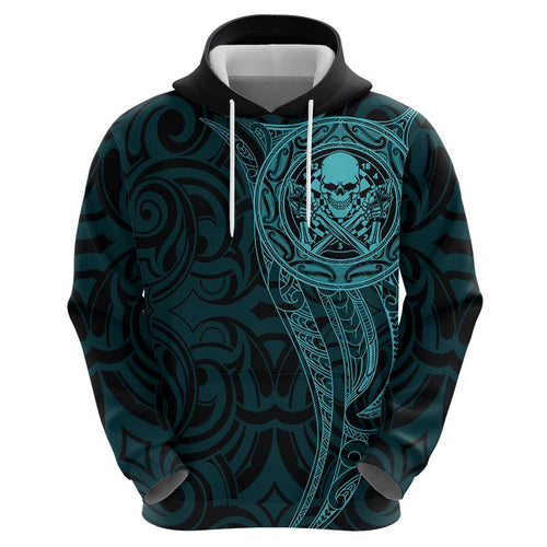 New Zealand Skull Darts Hoodie Aotearoa Maori Chest Tattoo Stylized Teal - Aussie Hoodie