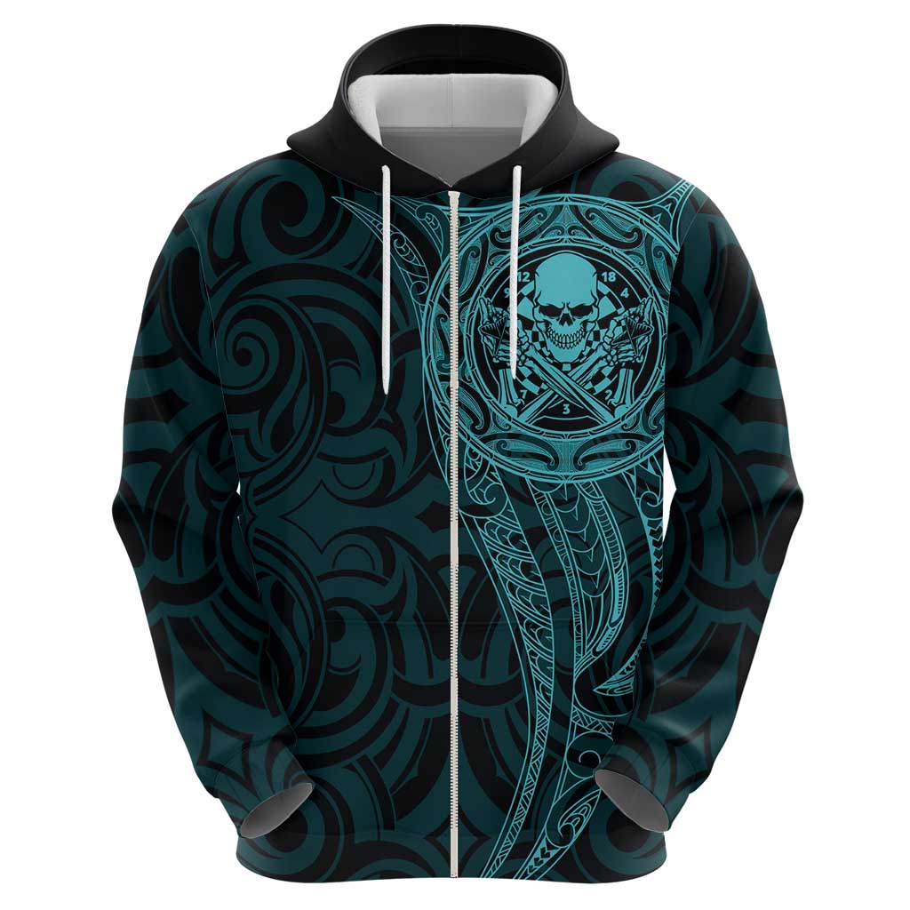 New Zealand Skull Darts Hoodie Aotearoa Maori Chest Tattoo Stylized Teal - Aussie Hoodie