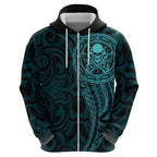 New Zealand Skull Darts Hoodie Aotearoa Maori Chest Tattoo Stylized Teal - Aussie Hoodie