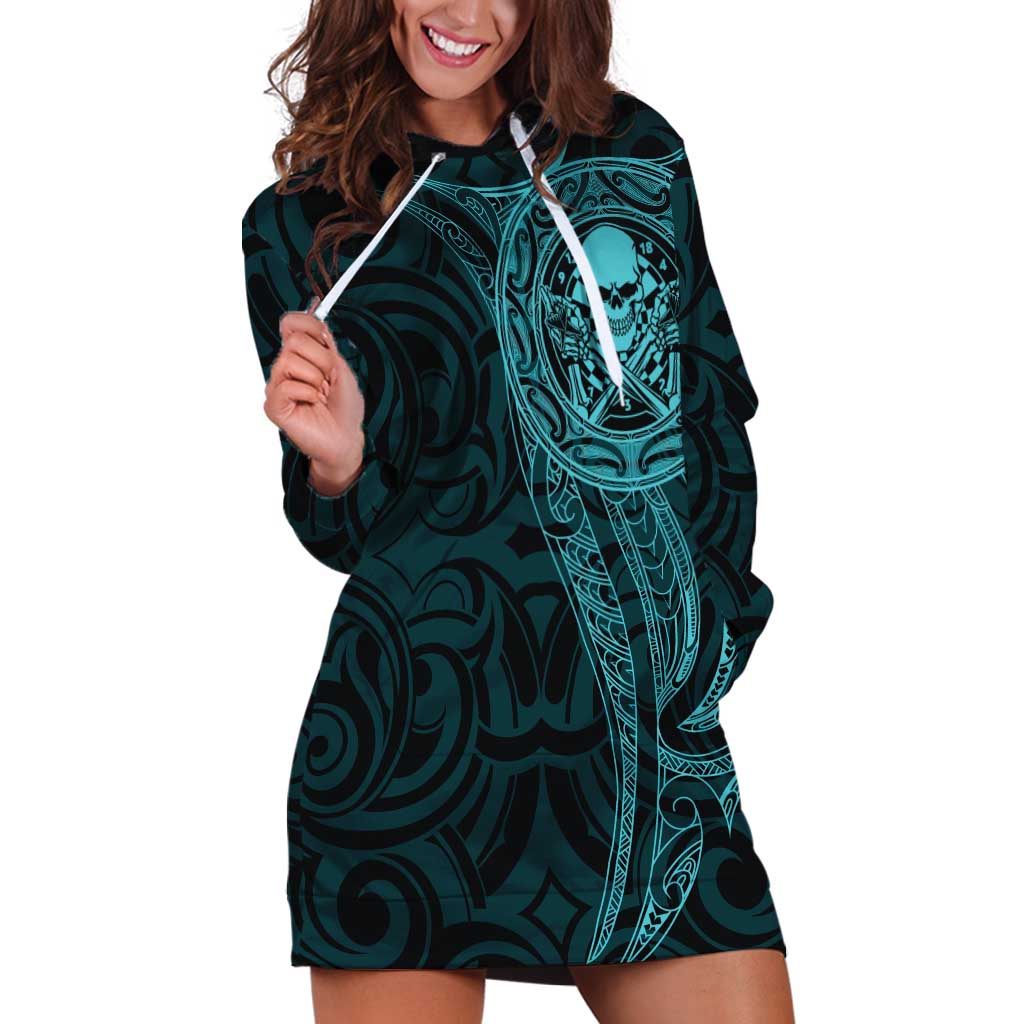 New Zealand Skull Darts Hoodie Dress Aotearoa Maori Chest Tattoo Stylized Teal - Aussie Hoodie