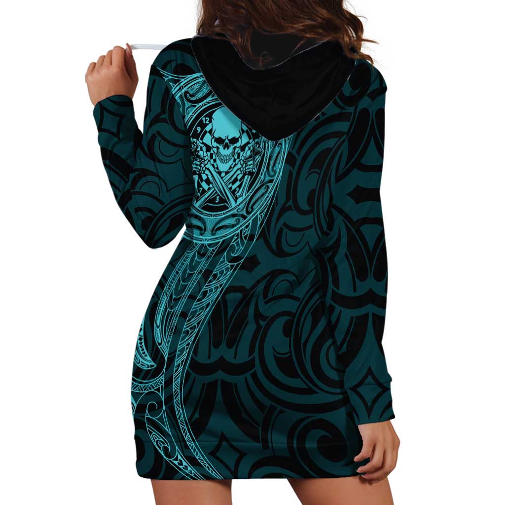 New Zealand Skull Darts Hoodie Dress Aotearoa Maori Chest Tattoo Stylized Teal - Aussie Hoodie
