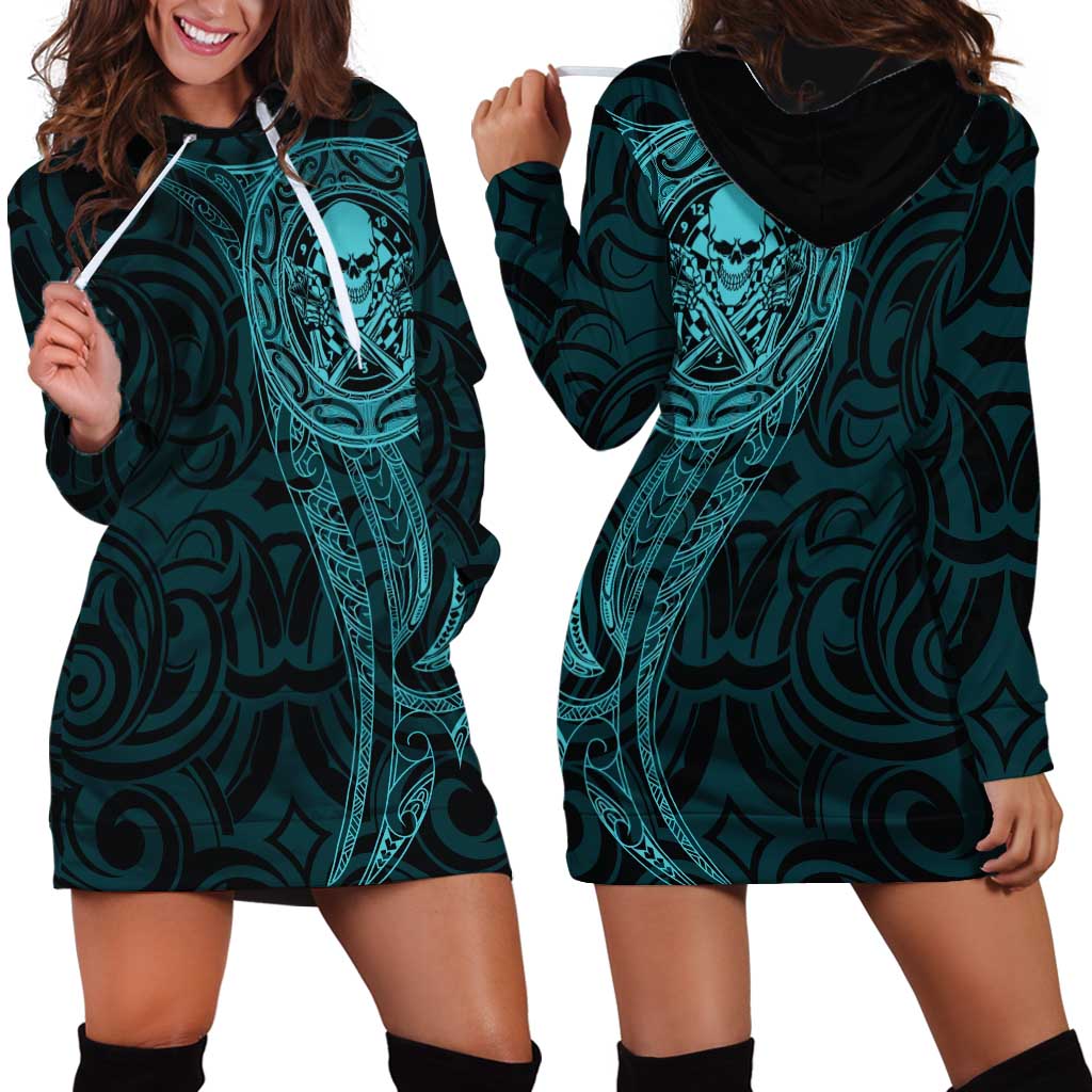 New Zealand Skull Darts Hoodie Dress Aotearoa Maori Chest Tattoo Stylized Teal - Aussie Hoodie