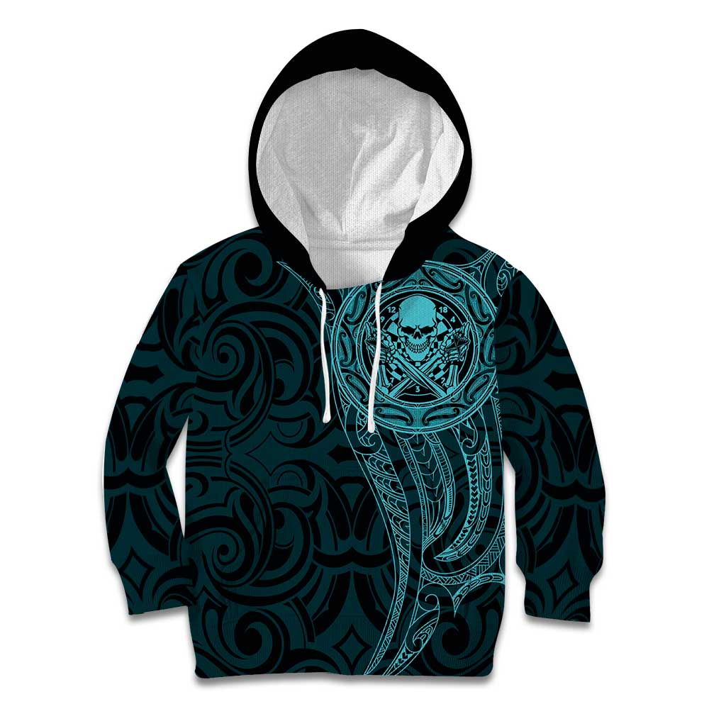 New Zealand Skull Darts Kid Hoodie Aotearoa Maori Chest Tattoo Stylized Teal - Aussie Hoodie