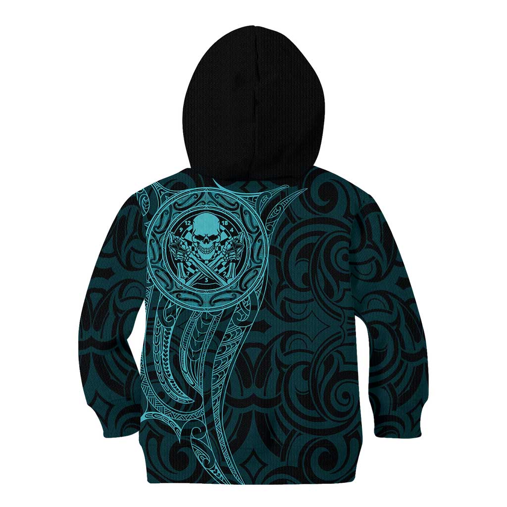 New Zealand Skull Darts Kid Hoodie Aotearoa Maori Chest Tattoo Stylized Teal - Aussie Hoodie