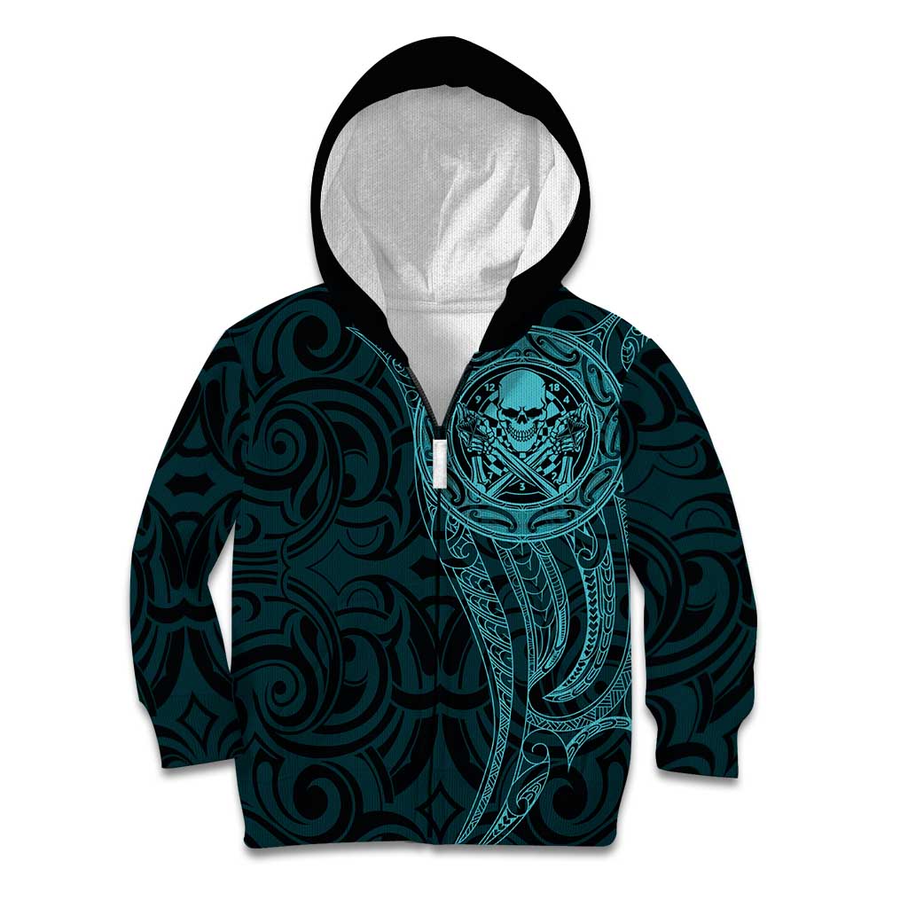 New Zealand Skull Darts Kid Hoodie Aotearoa Maori Chest Tattoo Stylized Teal - Aussie Hoodie