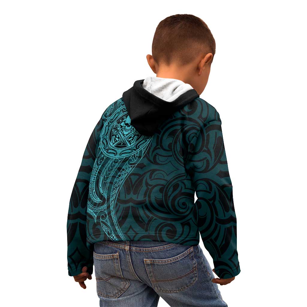 New Zealand Skull Darts Kid Hoodie Aotearoa Maori Chest Tattoo Stylized Teal - Aussie Hoodie