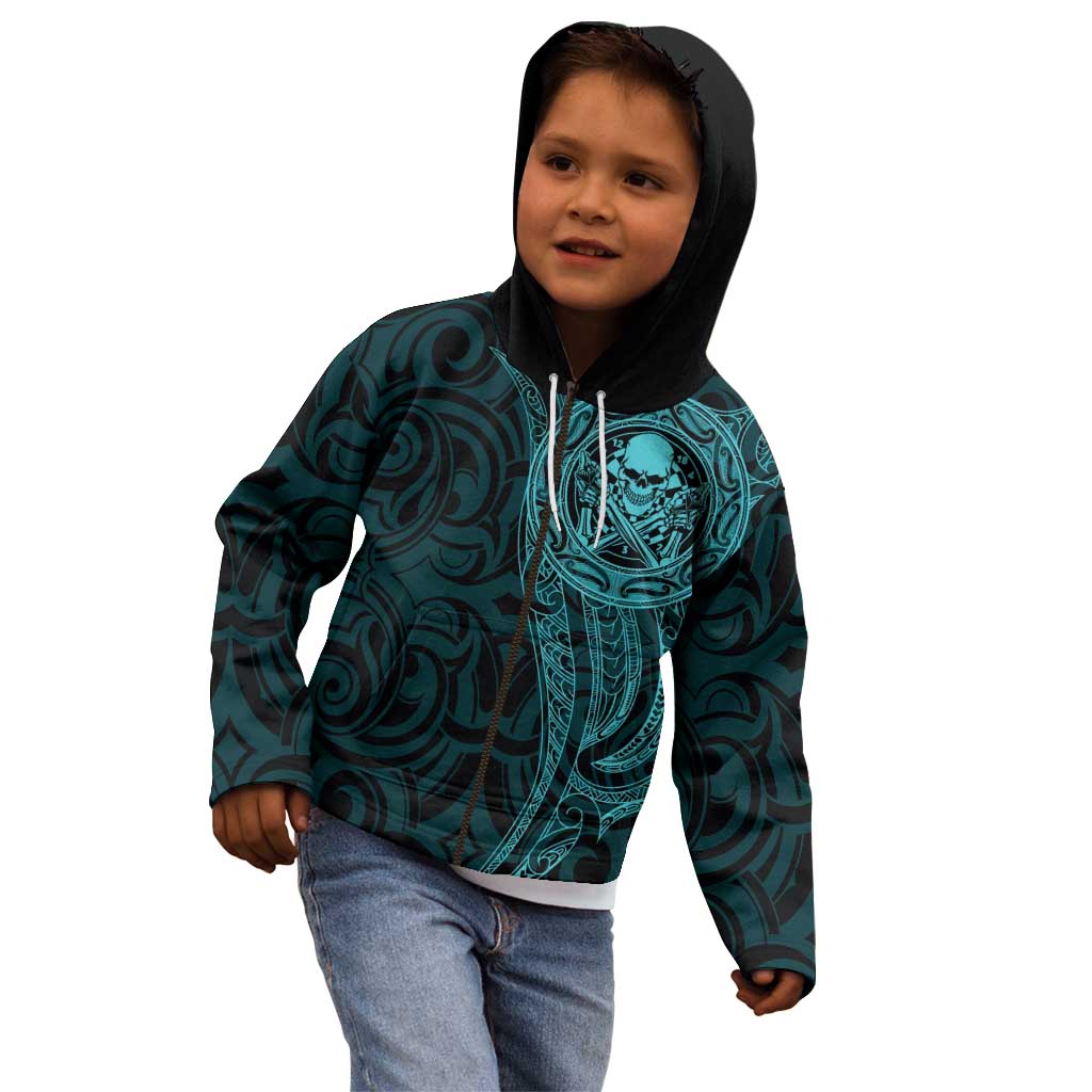 New Zealand Skull Darts Kid Hoodie Aotearoa Maori Chest Tattoo Stylized Teal - Aussie Hoodie