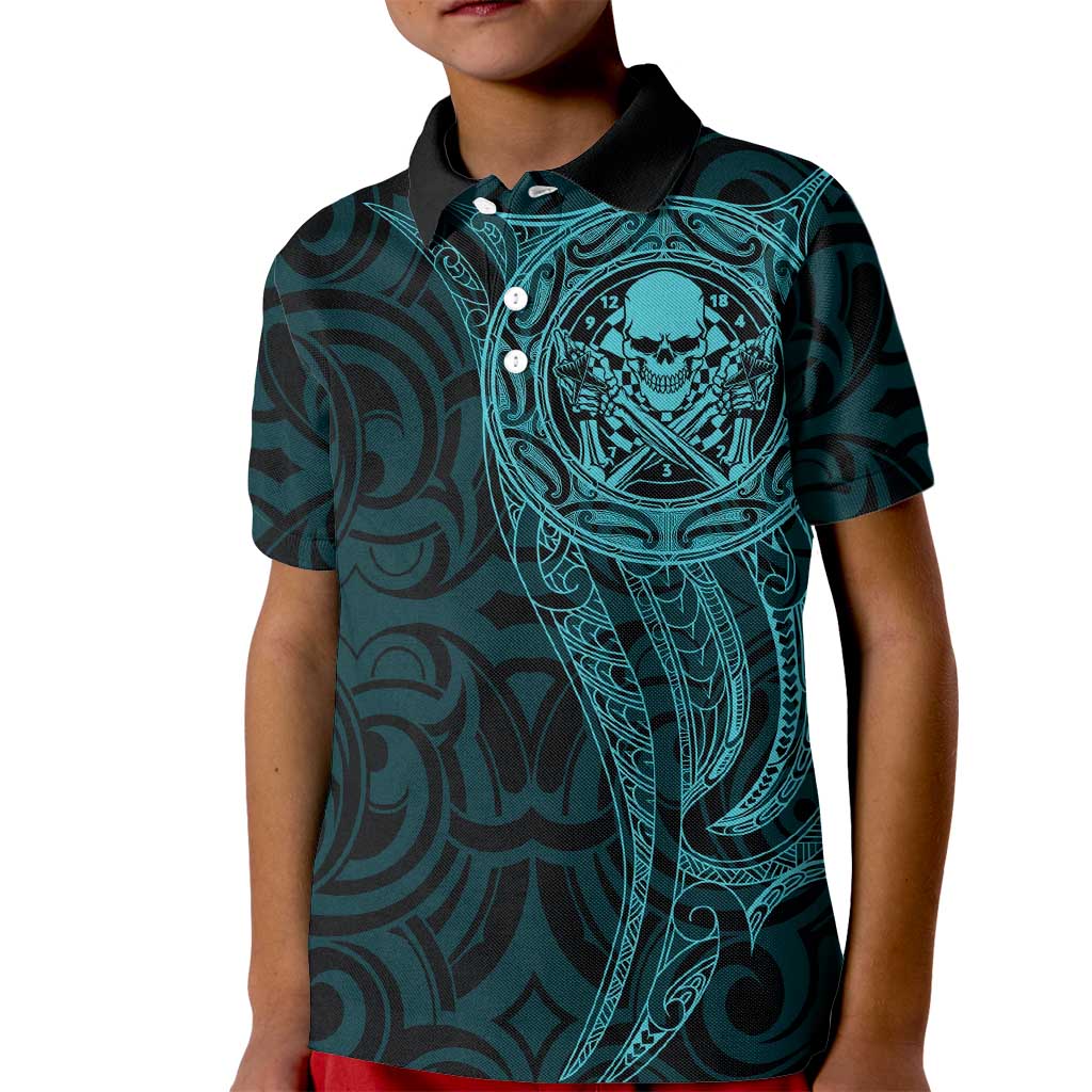 New Zealand Skull Darts Kid Polo Shirt Aotearoa Maori Chest Tattoo Stylized Teal - Aussie Hoodie