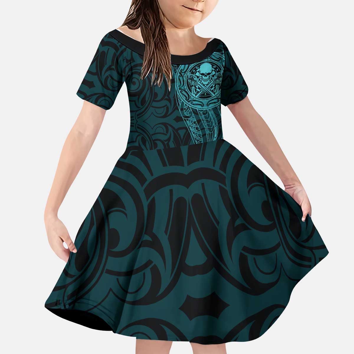 New Zealand Skull Darts Kid Short Sleeve Dress Aotearoa Maori Chest Tattoo Stylized Teal - Aussie Hoodie