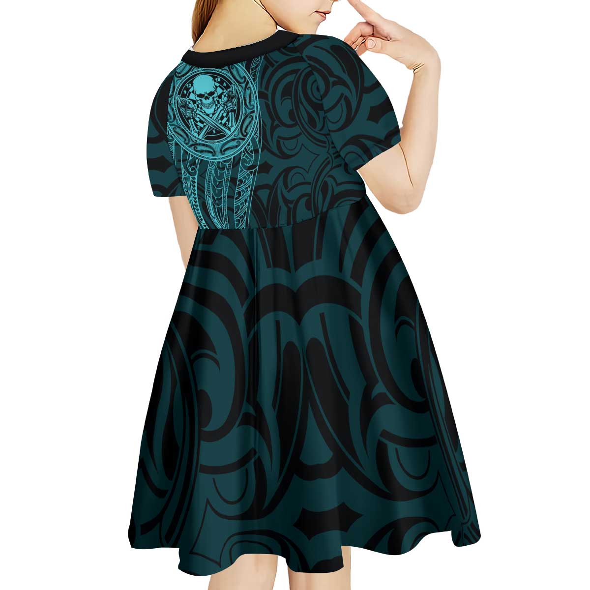 New Zealand Skull Darts Kid Short Sleeve Dress Aotearoa Maori Chest Tattoo Stylized Teal - Aussie Hoodie