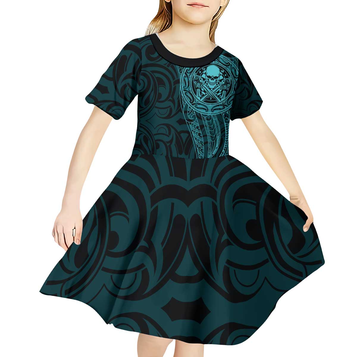 New Zealand Skull Darts Kid Short Sleeve Dress Aotearoa Maori Chest Tattoo Stylized Teal - Aussie Hoodie
