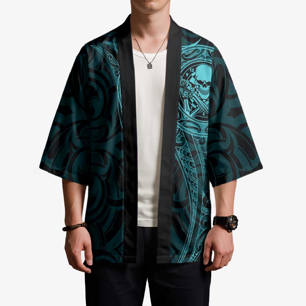 New Zealand Skull Darts Kimono Aotearoa Maori Chest Tattoo Stylized Teal - Aussie Hoodie