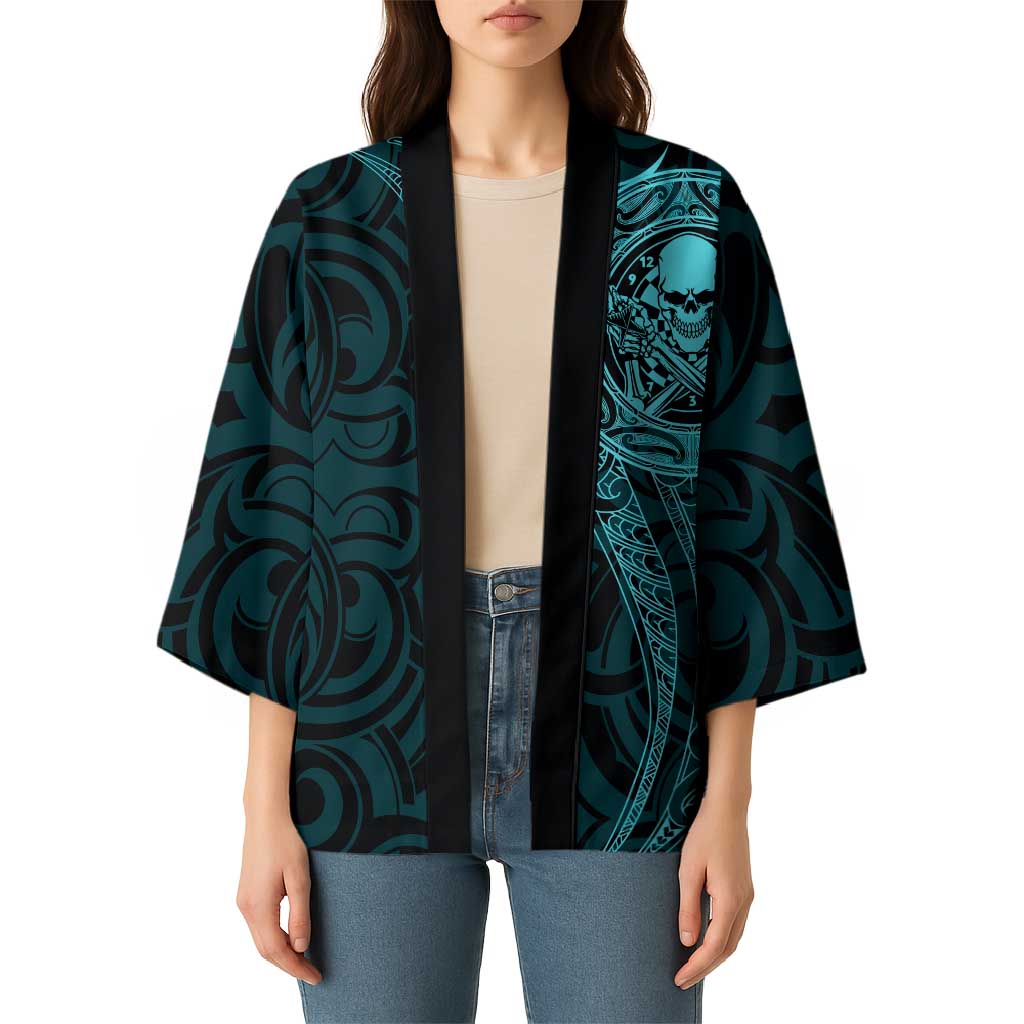 New Zealand Skull Darts Kimono Aotearoa Maori Chest Tattoo Stylized Teal - Aussie Hoodie