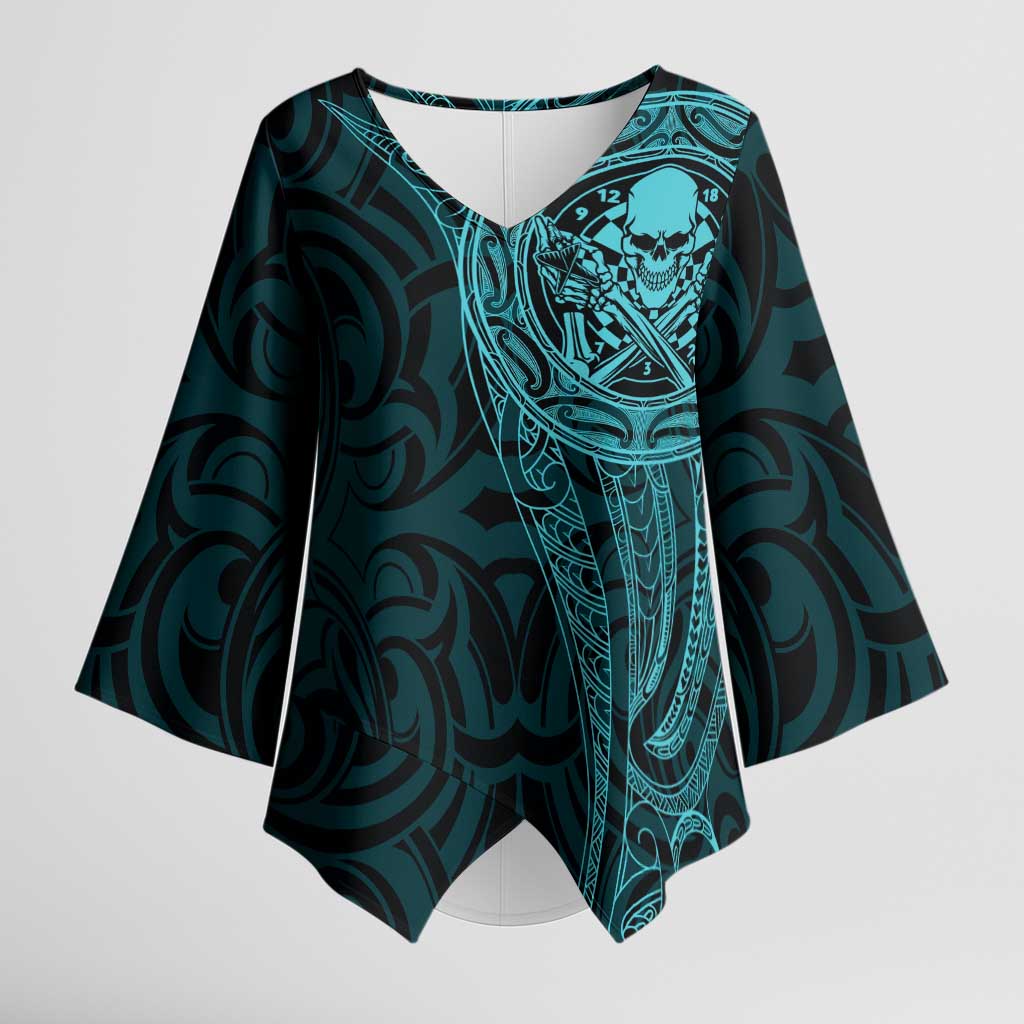 New Zealand Skull Darts Kimono Sleeve Blouse Aotearoa Maori Chest Tattoo Stylized Teal - Aussie Hoodie