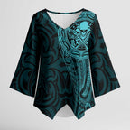 New Zealand Skull Darts Kimono Sleeve Blouse Aotearoa Maori Chest Tattoo Stylized Teal - Aussie Hoodie