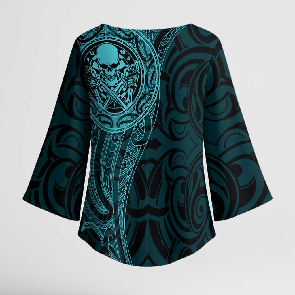 New Zealand Skull Darts Kimono Sleeve Blouse Aotearoa Maori Chest Tattoo Stylized Teal - Aussie Hoodie