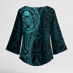New Zealand Skull Darts Kimono Sleeve Blouse Aotearoa Maori Chest Tattoo Stylized Teal - Aussie Hoodie