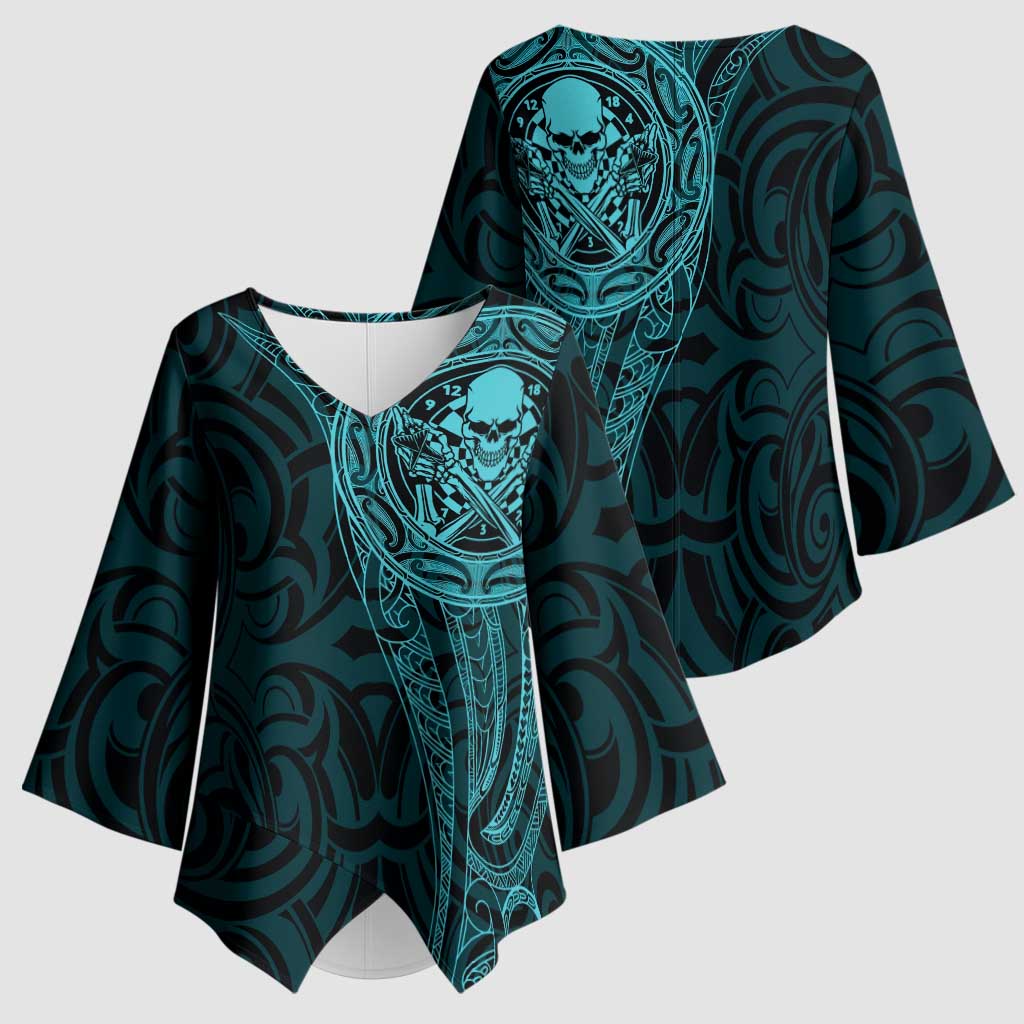New Zealand Skull Darts Kimono Sleeve Blouse Aotearoa Maori Chest Tattoo Stylized Teal - Aussie Hoodie