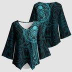New Zealand Skull Darts Kimono Sleeve Blouse Aotearoa Maori Chest Tattoo Stylized Teal - Aussie Hoodie