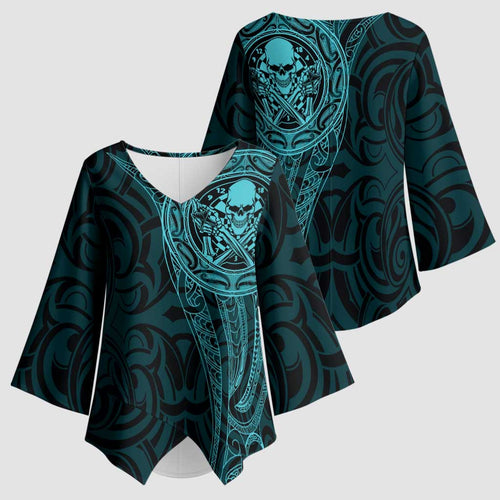 New Zealand Skull Darts Kimono Sleeve Blouse Aotearoa Maori Chest Tattoo Stylized Teal - Aussie Hoodie