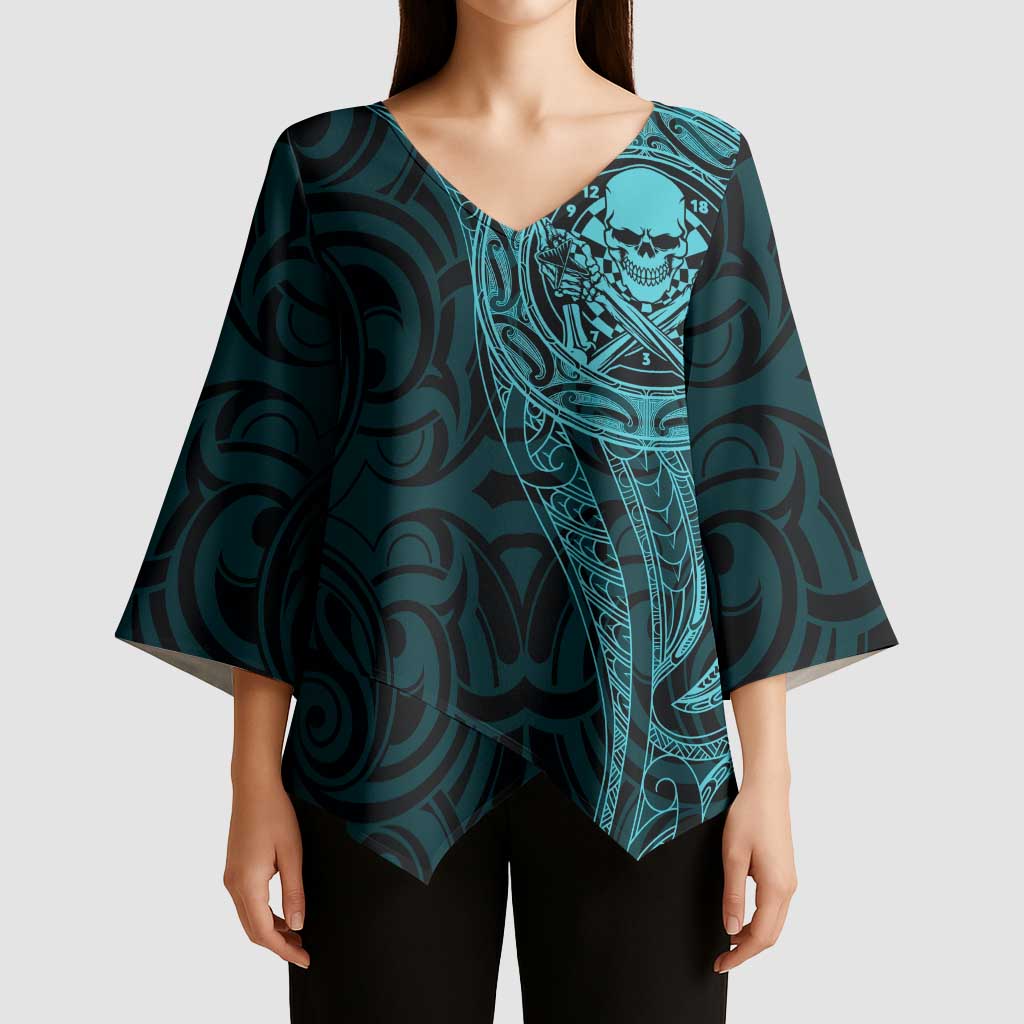 New Zealand Skull Darts Kimono Sleeve Blouse Aotearoa Maori Chest Tattoo Stylized Teal - Aussie Hoodie