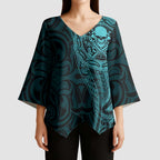 New Zealand Skull Darts Kimono Sleeve Blouse Aotearoa Maori Chest Tattoo Stylized Teal - Aussie Hoodie