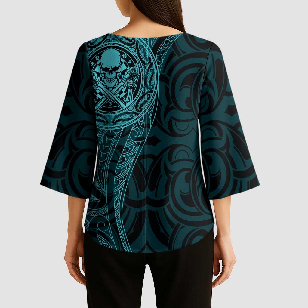 New Zealand Skull Darts Kimono Sleeve Blouse Aotearoa Maori Chest Tattoo Stylized Teal - Aussie Hoodie