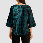 New Zealand Skull Darts Kimono Sleeve Blouse Aotearoa Maori Chest Tattoo Stylized Teal - Aussie Hoodie