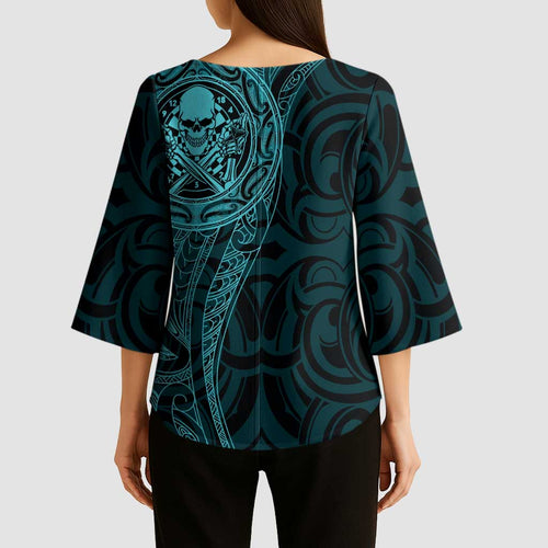 New Zealand Skull Darts Kimono Sleeve Blouse Aotearoa Maori Chest Tattoo Stylized Teal - Aussie Hoodie