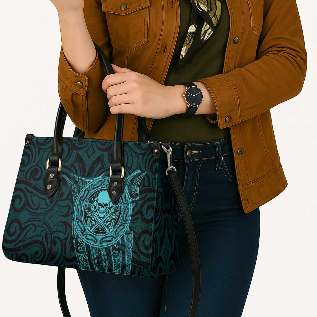 New Zealand Skull Darts Leather Bag Aotearoa Maori Chest Tattoo Stylized Teal - Aussie Hoodie