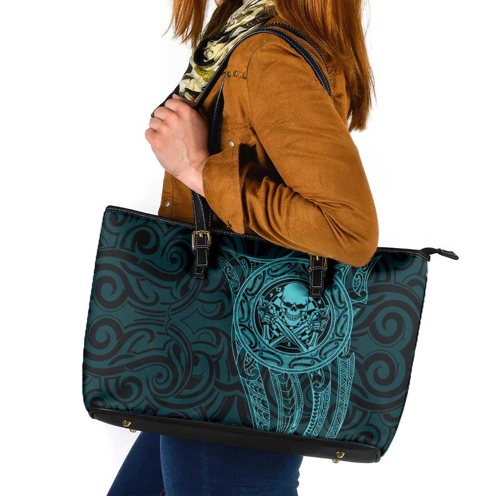 New Zealand Skull Darts Leather Tote Bag Aotearoa Maori Chest Tattoo Stylized Teal - Aussie Hoodie