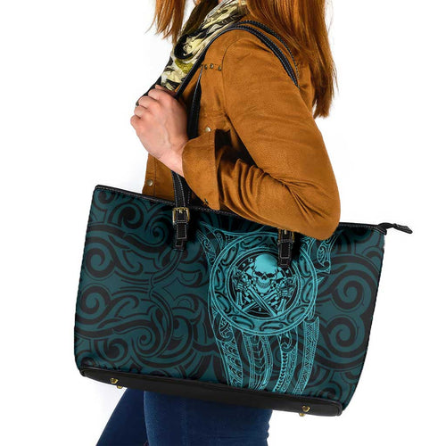 New Zealand Skull Darts Leather Tote Bag Aotearoa Maori Chest Tattoo Stylized Teal - Aussie Hoodie