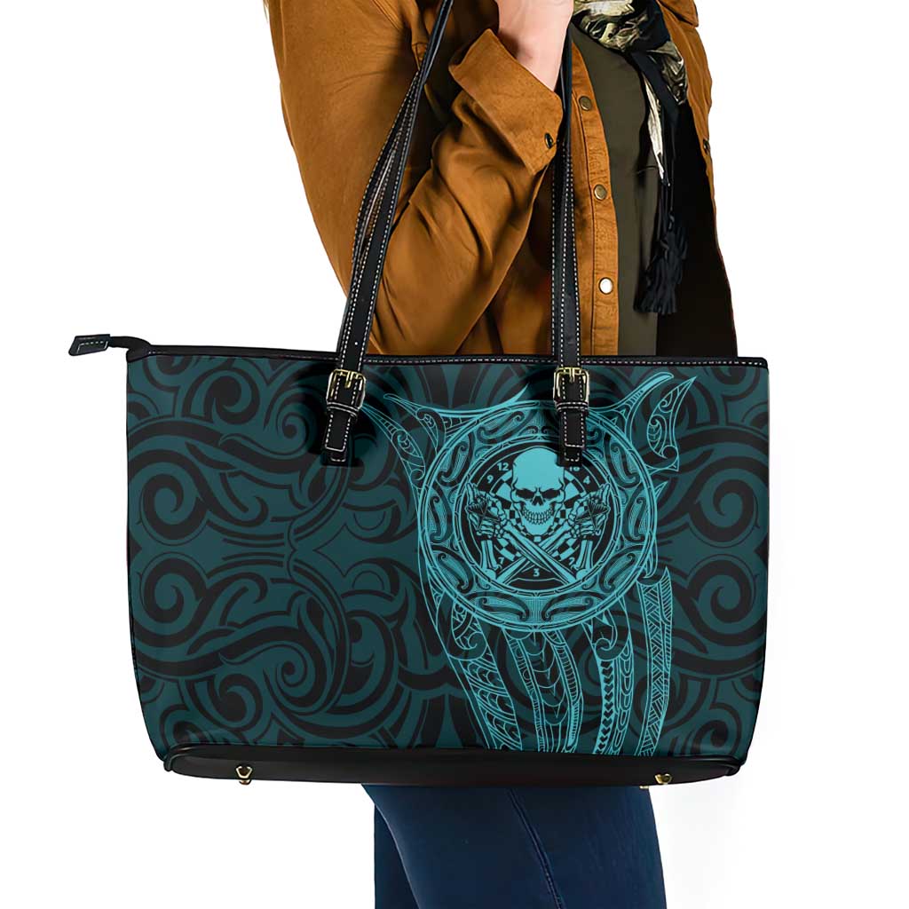 New Zealand Skull Darts Leather Tote Bag Aotearoa Maori Chest Tattoo Stylized Teal - Aussie Hoodie